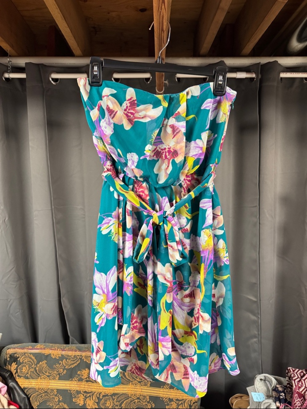 Express Teal Strapless Floral Dress with Tie Waist